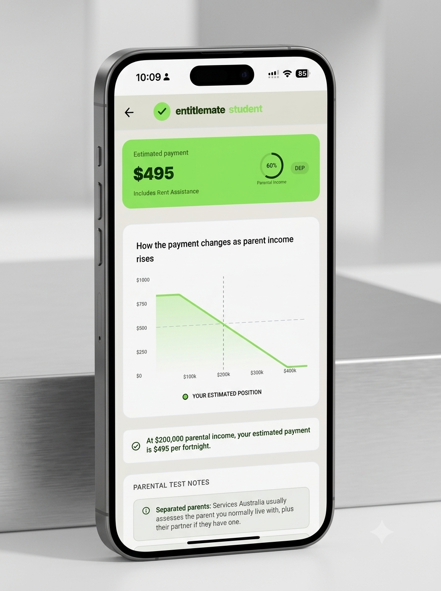 entitlemate student app showing a Youth Allowance estimate chart on a phone